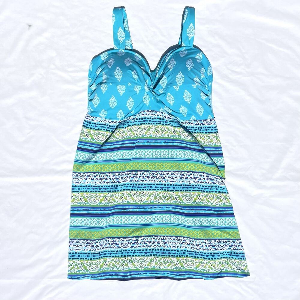 Lands’ End Swimdress Swimsuit Womens 16DD Tankini Top Blue Print